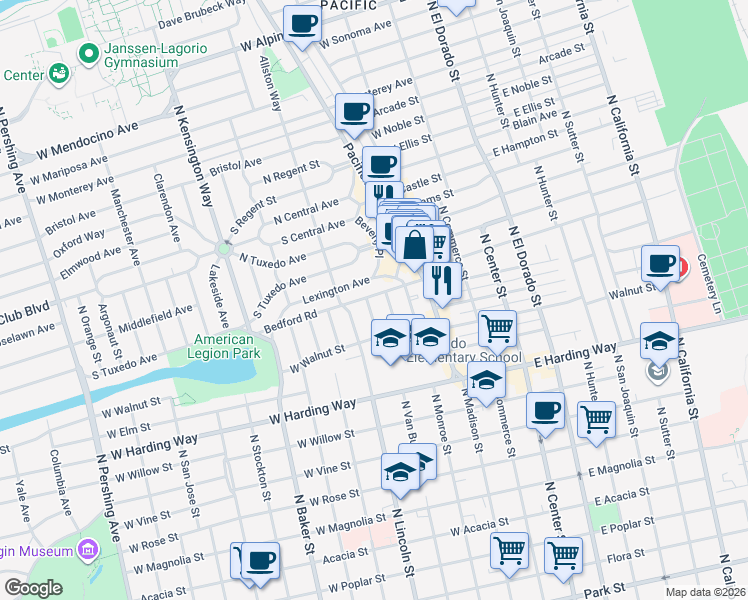 map of restaurants, bars, coffee shops, grocery stores, and more near 1869 Ramona Avenue in Stockton