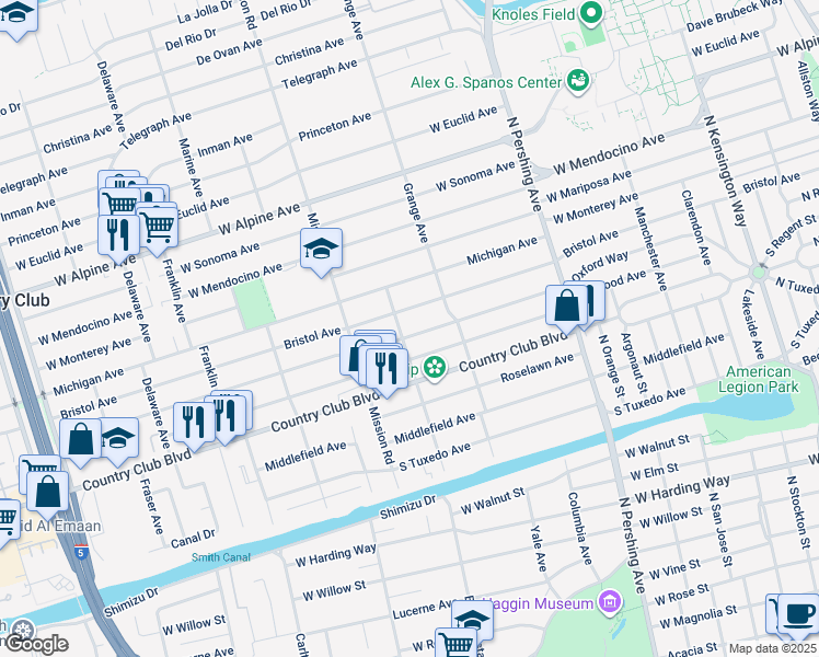 map of restaurants, bars, coffee shops, grocery stores, and more near 1755 Oxford Way in Stockton