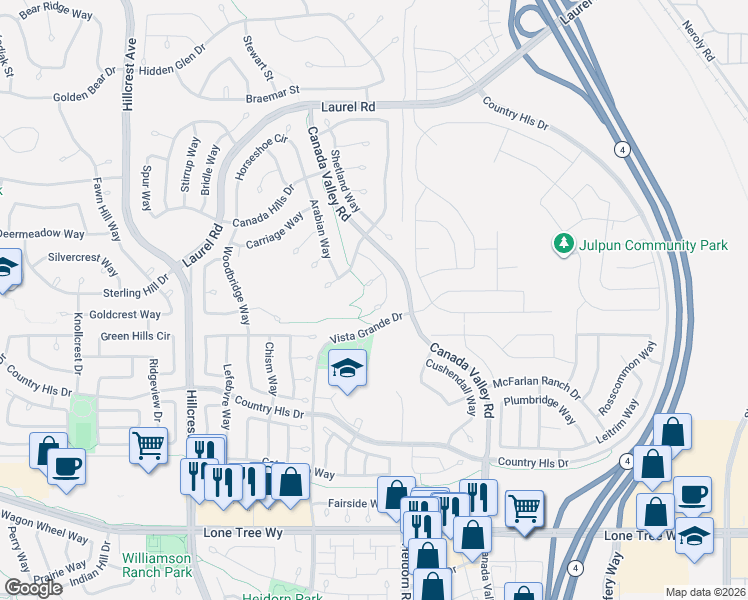 map of restaurants, bars, coffee shops, grocery stores, and more near 4754 Broomtail Court in Antioch