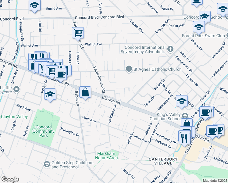 map of restaurants, bars, coffee shops, grocery stores, and more near 3901 Clayton Road in Concord