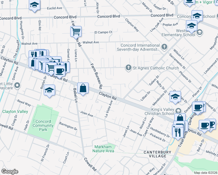 map of restaurants, bars, coffee shops, grocery stores, and more near 3901 Clayton Road in Concord