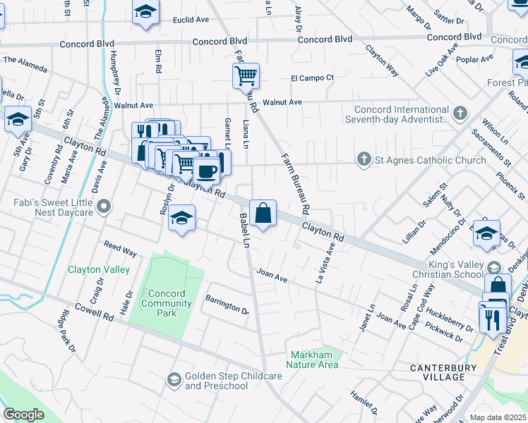 map of restaurants, bars, coffee shops, grocery stores, and more near 3610 Clayton Road in Concord