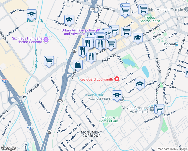 map of restaurants, bars, coffee shops, grocery stores, and more near 1711 Detroit Avenue in Concord