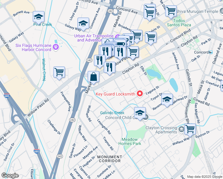 map of restaurants, bars, coffee shops, grocery stores, and more near 1711 Detroit Avenue in Concord