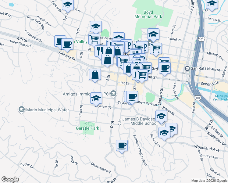 map of restaurants, bars, coffee shops, grocery stores, and more near 515 D Street in San Rafael