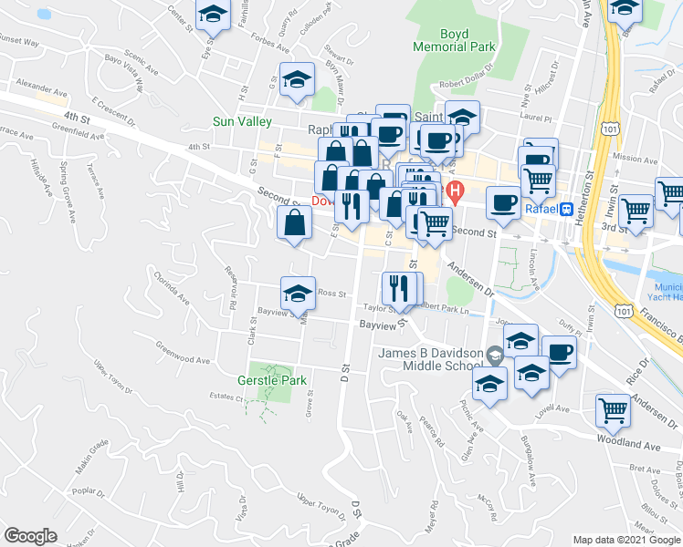 map of restaurants, bars, coffee shops, grocery stores, and more near 515 D Street in San Rafael