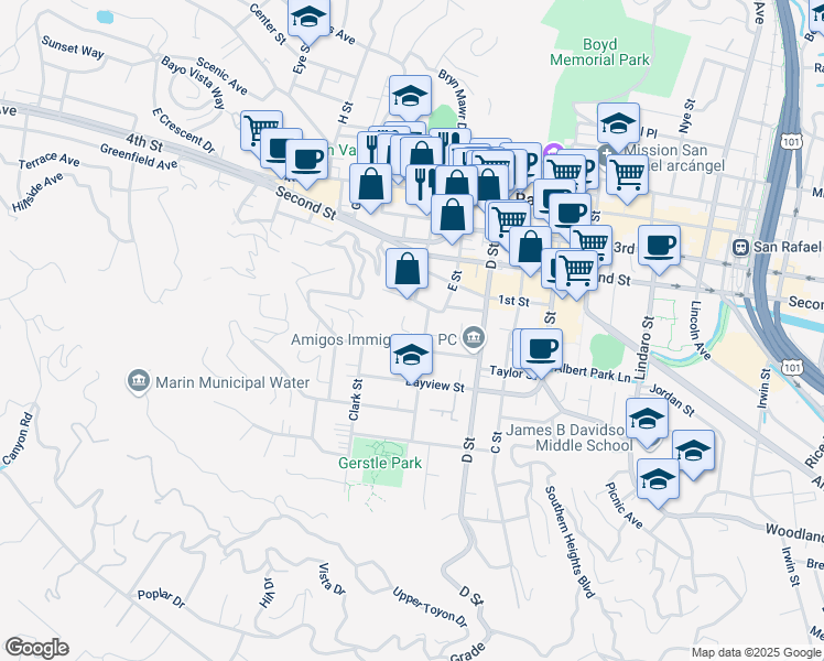 map of restaurants, bars, coffee shops, grocery stores, and more near 219 Marin Street in San Rafael