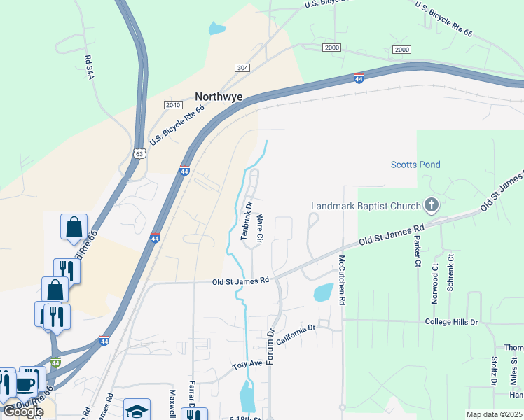map of restaurants, bars, coffee shops, grocery stores, and more near 2176 Ware Circle in Rolla