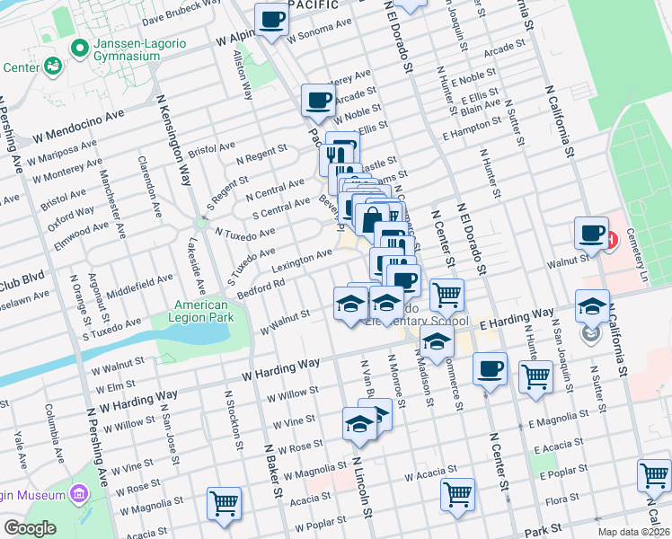map of restaurants, bars, coffee shops, grocery stores, and more near 1869 Ramona Avenue in Stockton