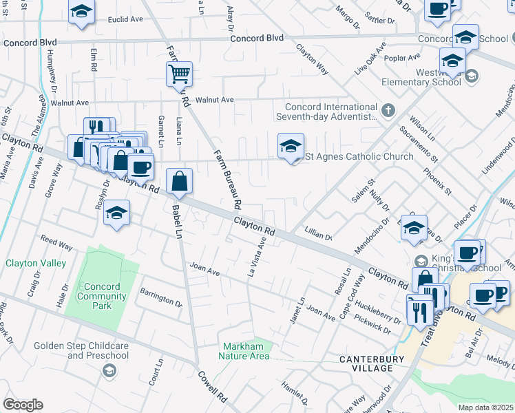 map of restaurants, bars, coffee shops, grocery stores, and more near 3901 Clayton Road in Concord