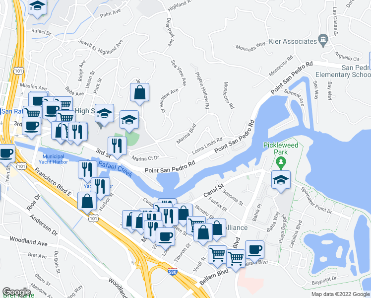 map of restaurants, bars, coffee shops, grocery stores, and more near 32 Marina Boulevard in San Rafael