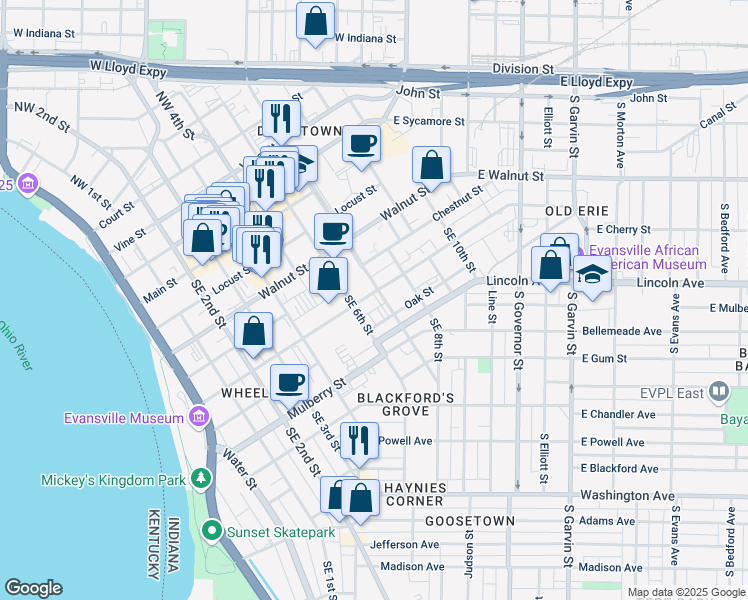 map of restaurants, bars, coffee shops, grocery stores, and more near 613 Cherry Street in Evansville