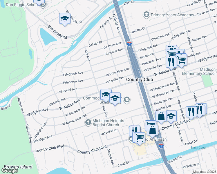 map of restaurants, bars, coffee shops, grocery stores, and more near 2905 West Alpine Avenue in Stockton