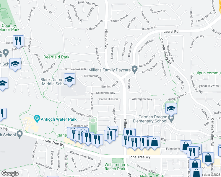 map of restaurants, bars, coffee shops, grocery stores, and more near 4848 Sterling Hill Drive in Antioch