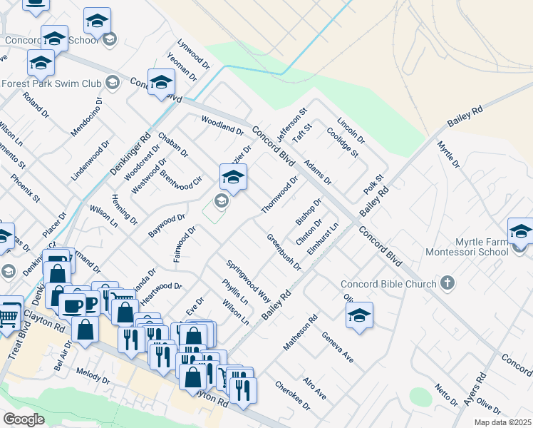 map of restaurants, bars, coffee shops, grocery stores, and more near 1750 Thornwood Drive in Concord