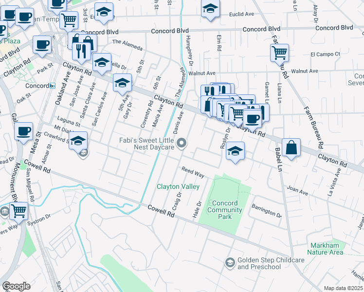 map of restaurants, bars, coffee shops, grocery stores, and more near 1393 Grove Way in Concord