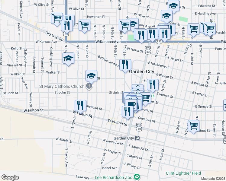 map of restaurants, bars, coffee shops, grocery stores, and more near 501 North 9th Street in Garden City
