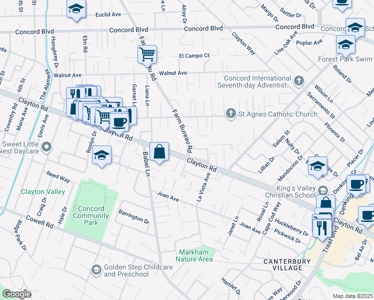 map of restaurants, bars, coffee shops, grocery stores, and more near 1509 Farm Bureau Road in Concord