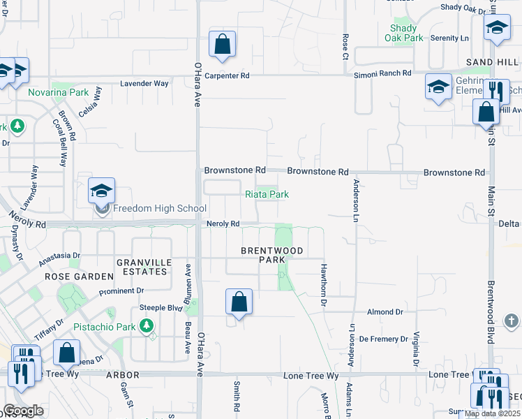 map of restaurants, bars, coffee shops, grocery stores, and more near 405 Silverspur Lane in Oakley