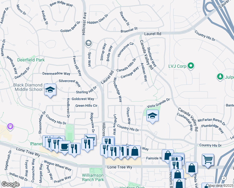 map of restaurants, bars, coffee shops, grocery stores, and more near 4736 Woodbridge Way in Antioch