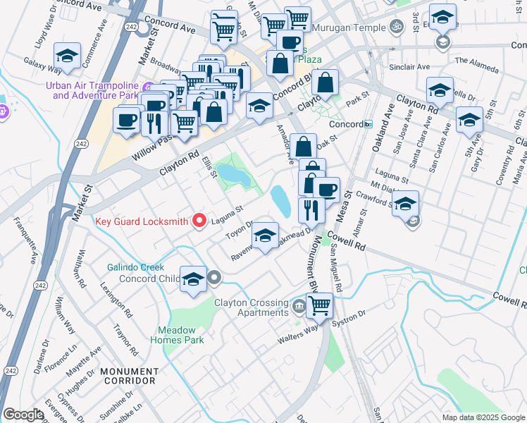 map of restaurants, bars, coffee shops, grocery stores, and more near 1837 Toyon Drive in Concord