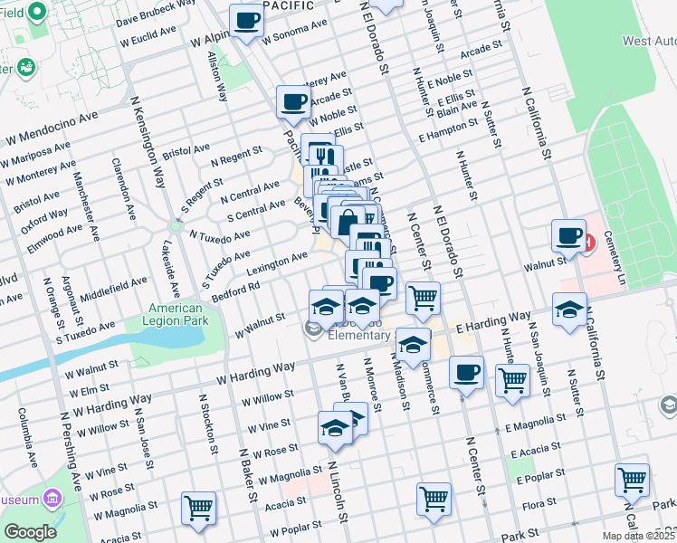 map of restaurants, bars, coffee shops, grocery stores, and more near 1851 Concord Avenue in Stockton