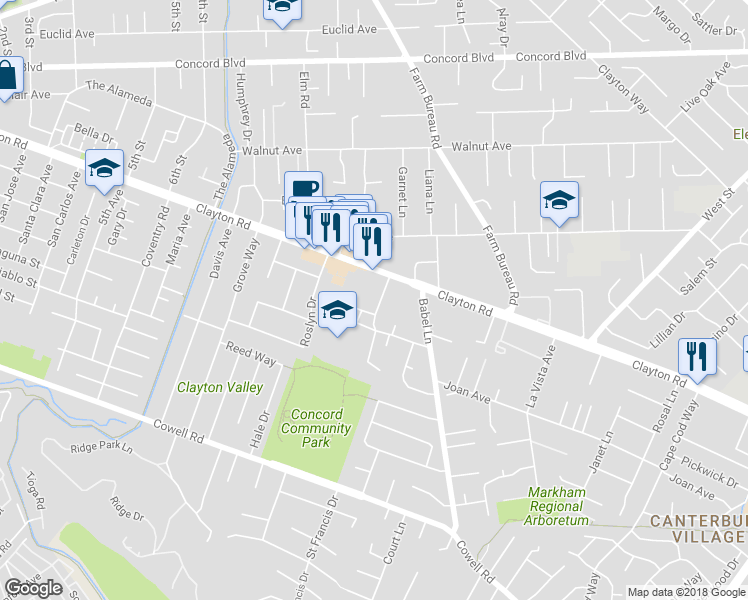 map of restaurants, bars, coffee shops, grocery stores, and more near 1481 Barbis Way in Concord