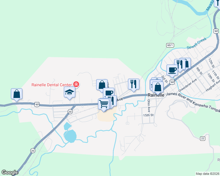 map of restaurants, bars, coffee shops, grocery stores, and more near 115 Chestnut Street in Rainelle