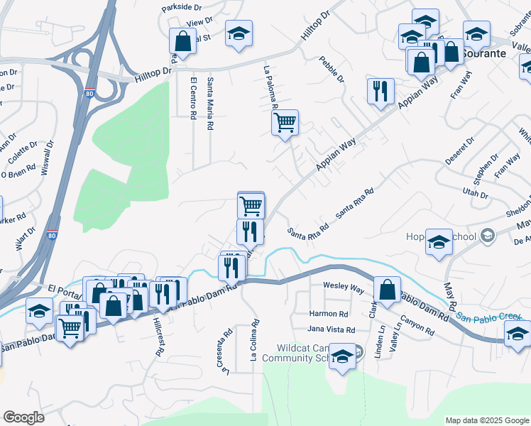 map of restaurants, bars, coffee shops, grocery stores, and more near 4333 Appian Way in El Sobrante