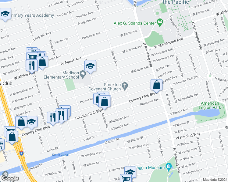 map of restaurants, bars, coffee shops, grocery stores, and more near 1755 Oxford Way in Stockton