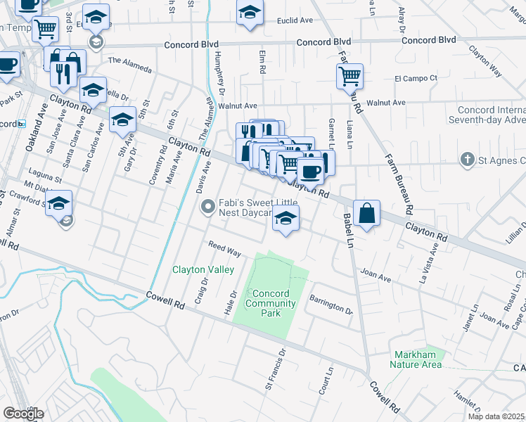 map of restaurants, bars, coffee shops, grocery stores, and more near 114 Roslyn Drive in Concord