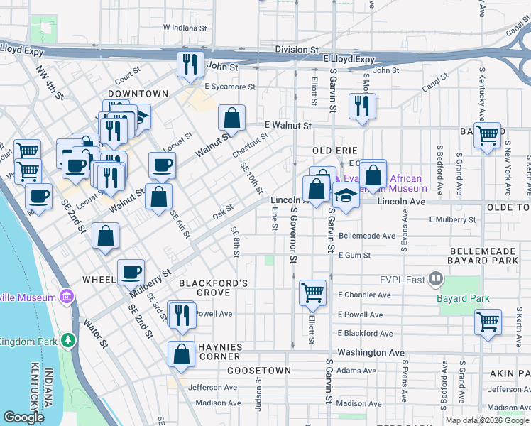 map of restaurants, bars, coffee shops, grocery stores, and more near 252 East Mulberry Street in Evansville
