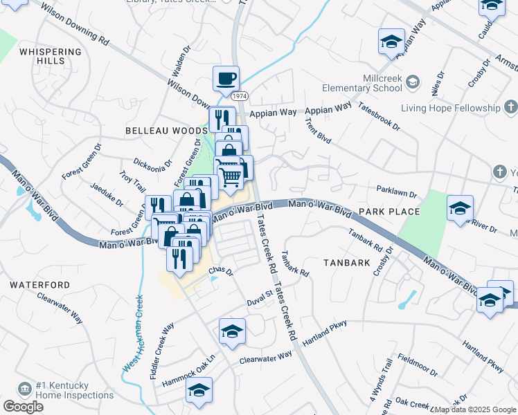 map of restaurants, bars, coffee shops, grocery stores, and more near 3202 Man o' War Boulevard in Lexington