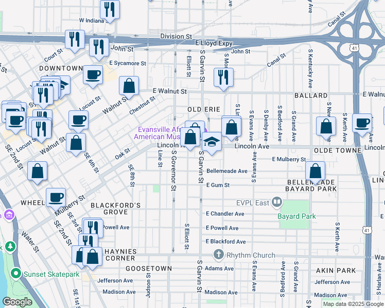 map of restaurants, bars, coffee shops, grocery stores, and more near 503 Lincoln Avenue in Evansville