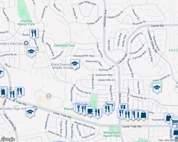 map of restaurants, bars, coffee shops, grocery stores, and more near 4750 Sterling Hill Drive in Antioch