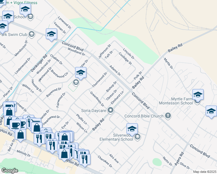 map of restaurants, bars, coffee shops, grocery stores, and more near 1718 Via Del Verdes in Concord
