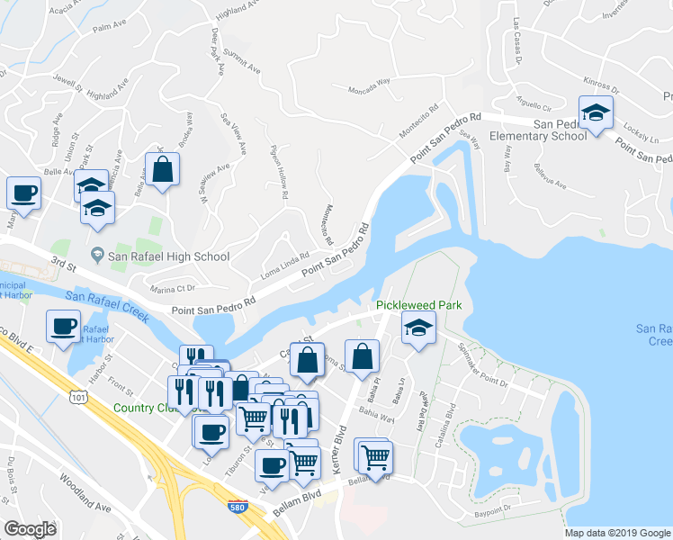 map of restaurants, bars, coffee shops, grocery stores, and more near 23 Porto Bello Drive in San Rafael
