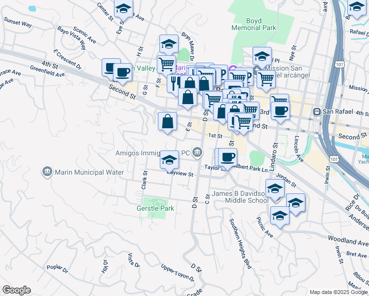map of restaurants, bars, coffee shops, grocery stores, and more near 515 D Street in San Rafael
