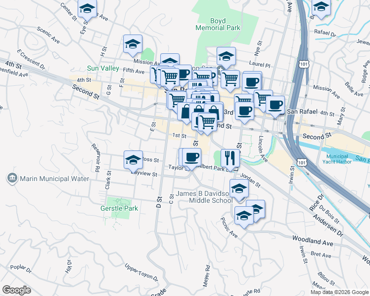 map of restaurants, bars, coffee shops, grocery stores, and more near 601 B Street in San Rafael
