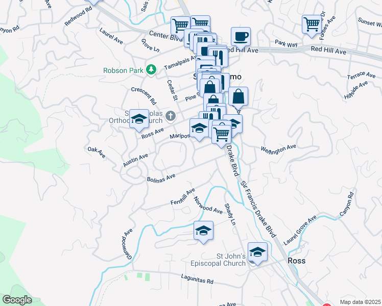 map of restaurants, bars, coffee shops, grocery stores, and more near 25 Richmond Road in San Anselmo