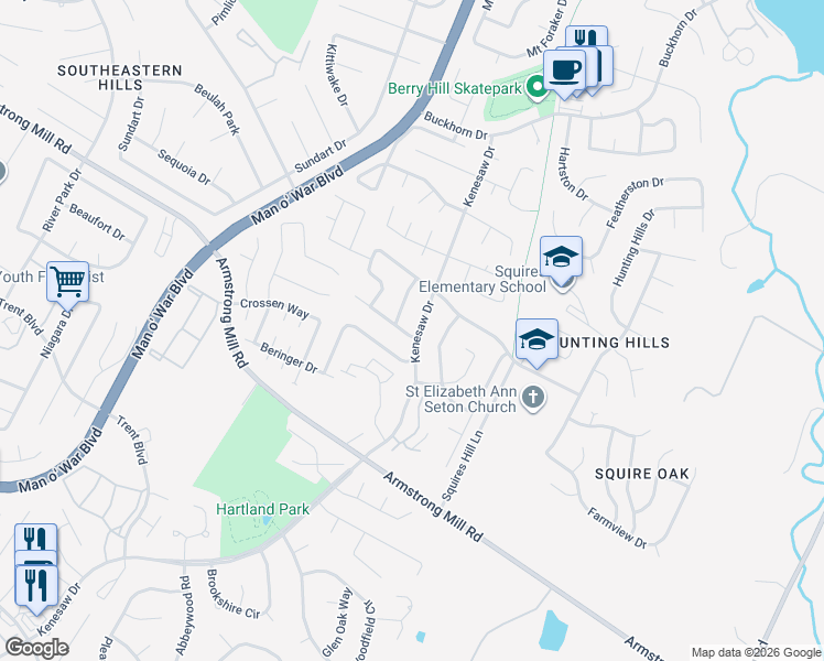 map of restaurants, bars, coffee shops, grocery stores, and more near 3427 Kenesaw Drive in Lexington