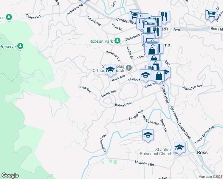 map of restaurants, bars, coffee shops, grocery stores, and more near 26 Austin Avenue in San Anselmo
