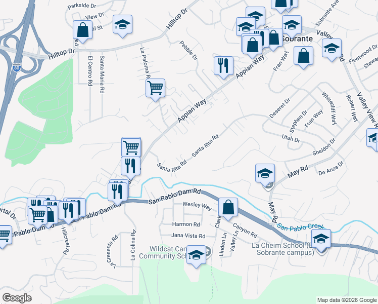 map of restaurants, bars, coffee shops, grocery stores, and more near 4223 Santa Rita Road in El Sobrante