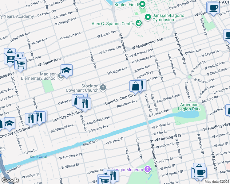 map of restaurants, bars, coffee shops, grocery stores, and more near 1605 Elmwood Avenue in Stockton