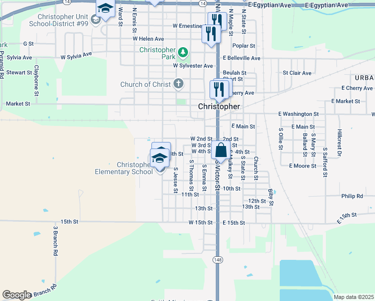 map of restaurants, bars, coffee shops, grocery stores, and more near West 3rd Street in Christopher