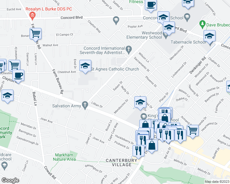 map of restaurants, bars, coffee shops, grocery stores, and more near 4012 Salem Street in Concord