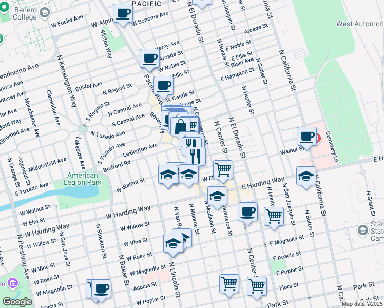 map of restaurants, bars, coffee shops, grocery stores, and more near 1810 North Pacific Avenue in Stockton