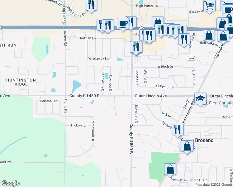 map of restaurants, bars, coffee shops, grocery stores, and more near 8532-8626 County Road 450 S in Newburgh