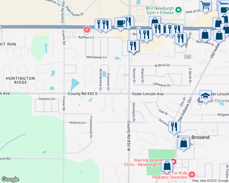 map of restaurants, bars, coffee shops, grocery stores, and more near 8532-8626 County Road 450 S in Newburgh