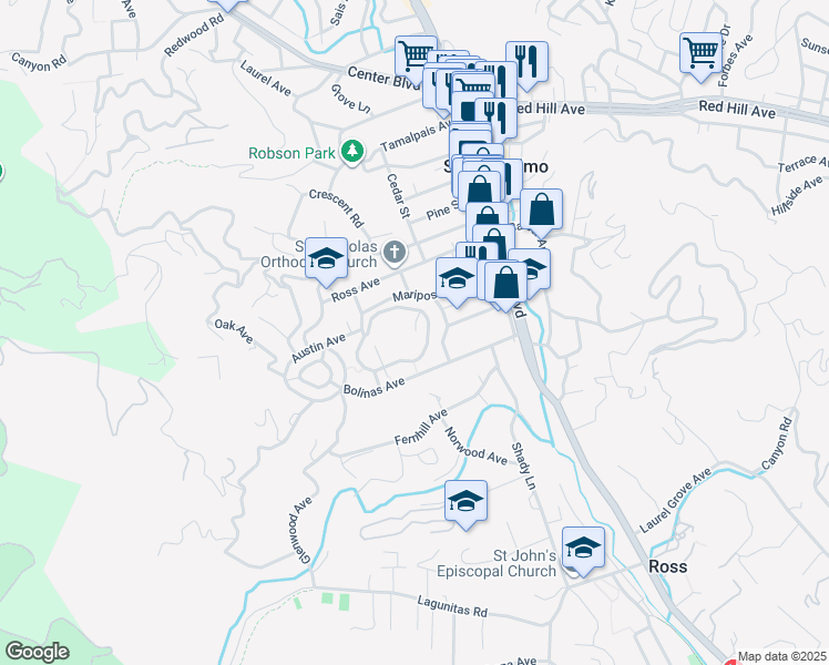 map of restaurants, bars, coffee shops, grocery stores, and more near 105 Seminary Road in San Anselmo